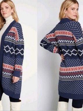 Modcloth Fair Isle Long Line Open Front Cardigan Sweater | Medium